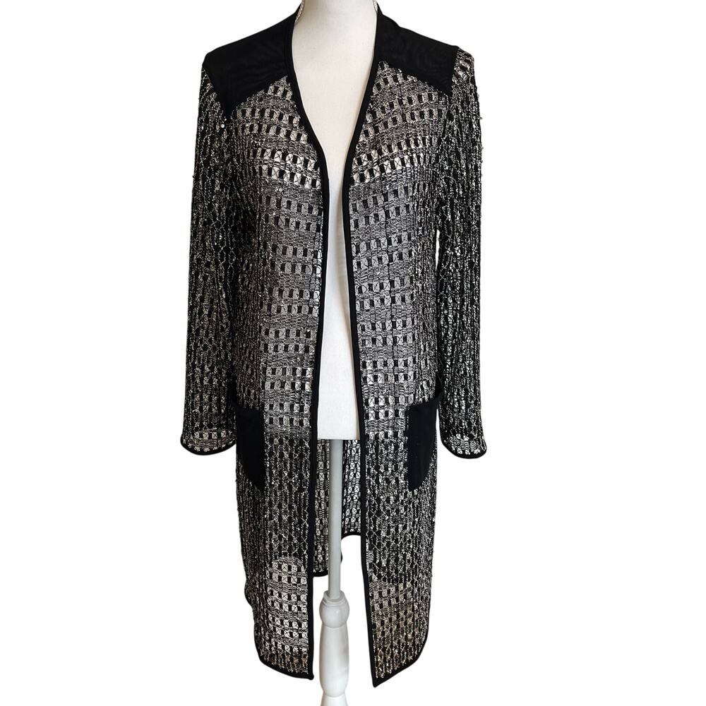Traveler's Collection Chico's Cardigan Size 1 Medium 8/10 Black Open Knit Long